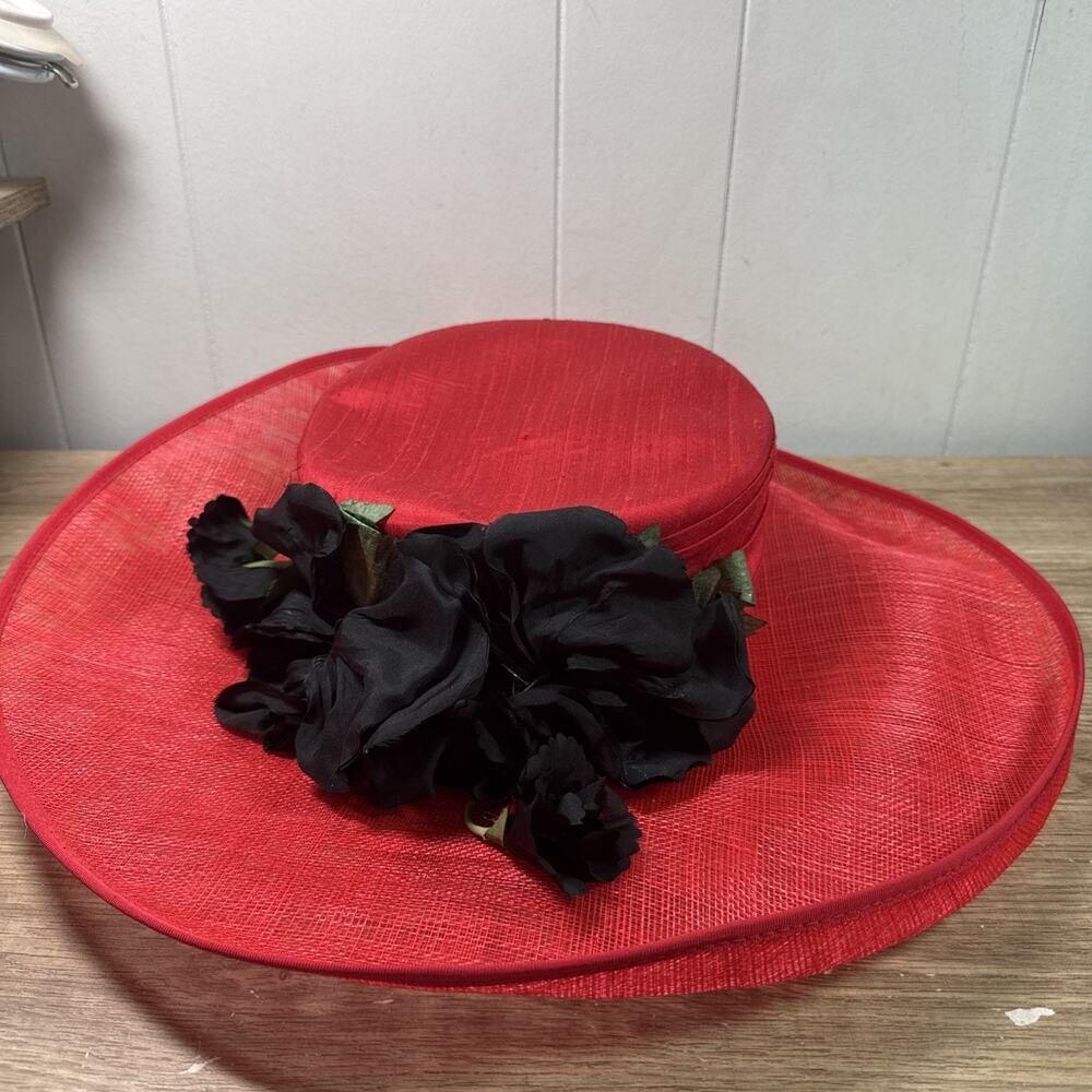 Peter Bettley London Couture Hat, Wide-brim With Tag Red/ Black Flower 7117